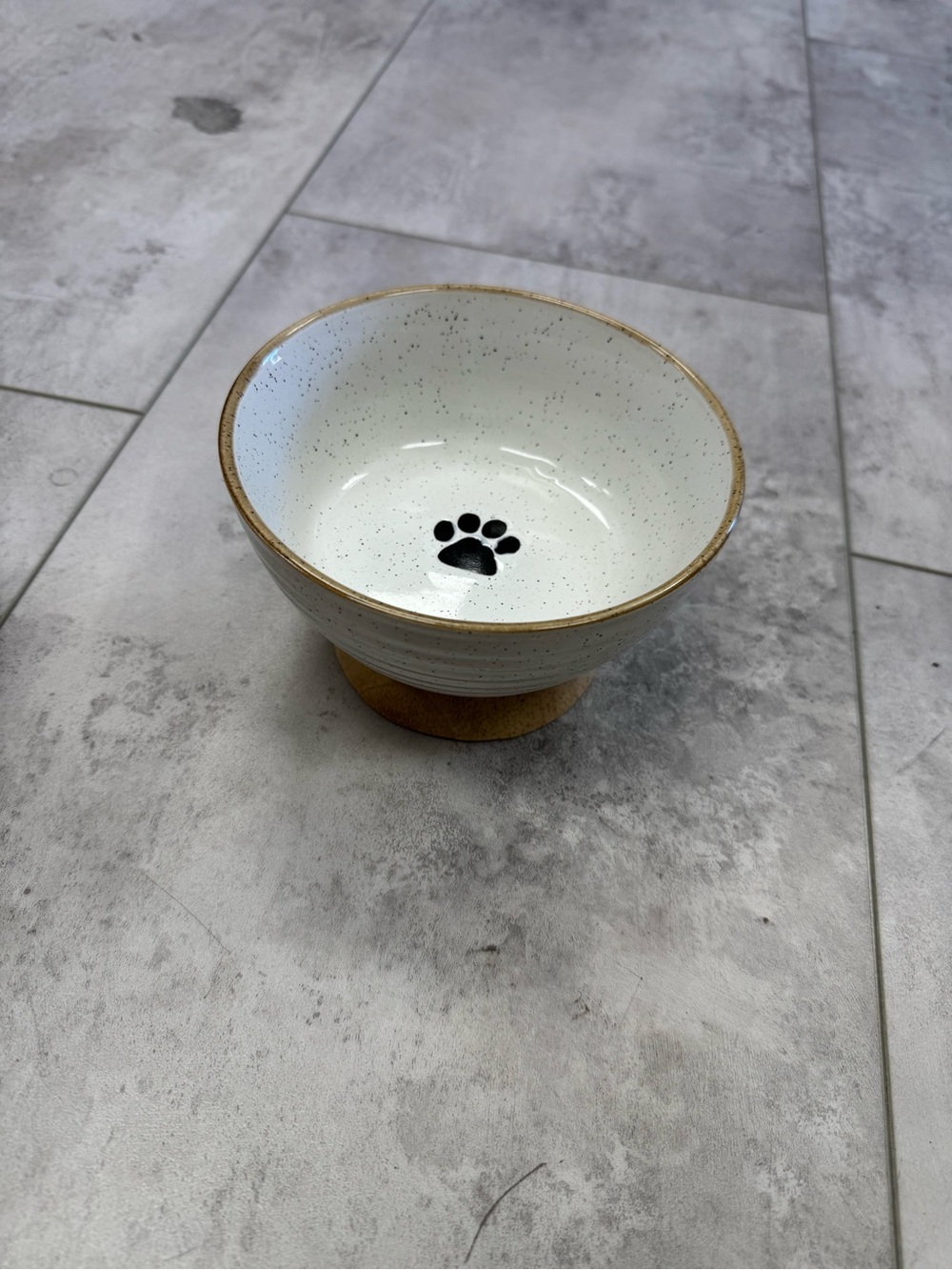 Ceramic Pet Bowl with Black Paw Print - White and Tan